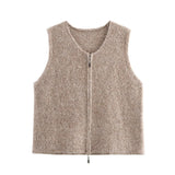 Fongt Collar Double Zipper Knitted Vest Vest 2025 Spring Loose Short Sweater Cardigan Woman