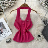 Fongt Design Feeling Hanging Neck Dew Single Buckle Slim Thin Knit Vest Women Wear Gas Bottom Shirt