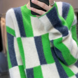Autumn Winter Casual Geometric Patchwork Sweaters Women's Clothing Fashion Contrasting Colors Round Neck Knitted Jumpers-Outfit