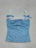 Fongt Age-Reduce Lace Bow Spliced Sling Vest Collar Print Blue Collar Knitted Shirt Top