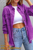 Holes Raw-edges Denim Jacket Women Spring Autumn Shirt Style Jeancoat Casual Top Rose-Red Orange Purple Outerwear Lady