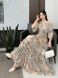 Fongt Early Autumn Collared Flakes And Snowflake Cake Skirt Seven-Sleeved Luxury Dress