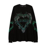 Gothic Punk Green Print Long Sleeve T-shirts Women Grunge Oversize Harajuku Streetwear Hippie O-neck Black Top