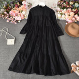 Temperament Aging Solid Color Simple Dress Autumn Dress Korean Version Fashion Bubble Long Sleeves Show Thin Button Long Skirt Women-Outfit