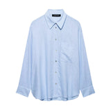 Fongt Spring New Women's Pocket Flax Simple Long Sleeve Clip Shirt 8372058