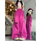 Fongt Street Rose Red Ripped Jeans Women Summer Thin Dopamine Wearing Hot Girl Straight Broad Leg Pants