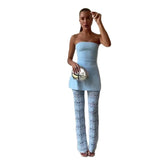 Fongt Summer New Women's Breasts With Thin Blue Hollow Trousers Set