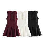 Fongt 2025 New Women's Decoration Body Wave-Style Wide Swing Bow Trim Short Dress
