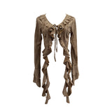 Fongt Wasteland Wind Irregularly Drifted With Lotus Leaf Edge Strap With Hole Open Shirt Short Long Sleeves 9256