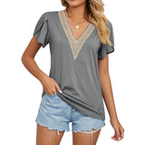 2023 New Gold Lace Lady V-Neck Tile Short Sleeve Solid Color T-Shirt Top-Outfit