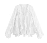 Fongt 2025 New Women's V-Neck Single Buckle Long-Sleeved Cascade Decorative Shirt 10 Colors