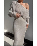 Fongt Gray Oblique Knitted Sexy Set Two-Piece
