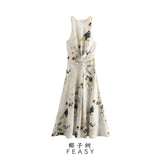 Fongt Explosive Women's Temperament Fashion Folds Print Sleeveless Dress