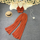 Fongt Suit Female Feel V-Neck Kink Sling Vest Two-Piece High Waist Slim Pleated Wide Leg Trousers-Outfit