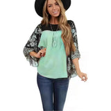 Fongt Women's Wear Bat Sleeve Print Color Swafge Round Collar Blouse T-Shirt