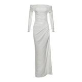 Fongt 2025 New Women's Temperament Sexy Shoulder Mesh Perspective Long Dress Dress Woman