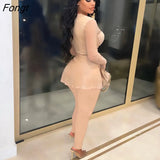 Elegant Women Two Piece Set Sheer Mesh Patchwork Long Sleeve Zipper Corset Blazer Top Pencil Pants Sexy Office Lady