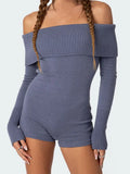 Women Knitted Playsuits Solid Color Slash Neck Off Shoulder Short Jumpsuits Long Sleeve Slim Rompers Clubwear 2024-Outfit