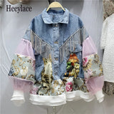 Womens Cartoon embroidery mesh patchwork denim jacket 2021 Woman Lantern puff Sleeve diamond tassel Jackets Female Denim