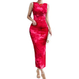 Fongt Spring Summer New Women's Temperament Elegant Sleeveless Open Forked Waist Sexy Printed Fashion Dress