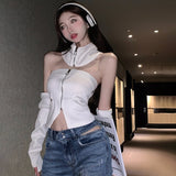 Zipper Knitted Crop Top with Sleeves High Street Sexy Backless Irregular Solid Color Camisole Women New-Outfit
