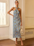Fongt New Women's Holiday Style Hanging Neck Sling Skirt French Temperament Print Dress