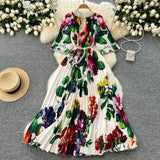 Fongt Women's Niche Elegant Dress New Hollow Nail Ball Neck-To-Celing Waist-Print Folding Long Skirt