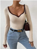 Fongt Women's Fashion Temperament V-Neck Knitting Bottom Slim Slim Solid Color Bhair Top