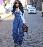 Fongt Women's Loose-Fitting Denim Slings Women's Spring Street Fashion Multi-Pocket Jumpsuits