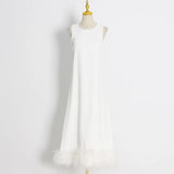 Fongt New Spring 2024 Round Collar Sleeveless Hem Stitching Feather Dress-Outfit