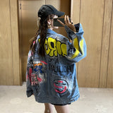 Painted Graffiti Print Denim Jacket Women Streetwear Fashion Lapel Long Sleeve Jeans Jacket Lady Loose Size Jeans