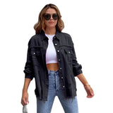 Holes Raw-edges Denim Jacket Women Spring Autumn Shirt Style Jeancoat Casual Top Rose-Red Orange Purple Outerwear Lady