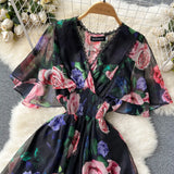 Fongt V-Neck Print Chiffon Dress Women's Waist Thin Temperament Lotus Leaf Side Short Sleeves To Close The First Love Fairy Dress