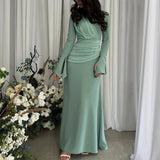 Fongt Temperament Micro-Trumpet Folded Cross Superimposed Tying Belt Girded Waist Dressing Spliced High-Waisted Dress