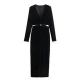 New Open-Ended Design Velvet Long-Sleeved Flute Dress 6962224800-Outfit