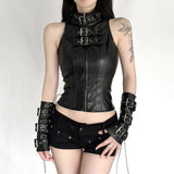 Fongt Street Babes High-Necked Metal Buckle Leather Waist Design Repair Short Sleeveless Top