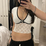 Fongt Pure Desire Lace Bow Splicing Color T-Shirt V Collar Slim Micro Revealed Umbilical Jacket-Outfit