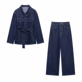 Fongt 2025 New Women's Belt Denim Jacket + Straight Trousers Set