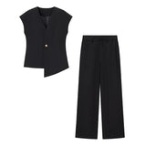 Fongt New V-Neck Asymmetric Vest Simple Jump Trouser Suit