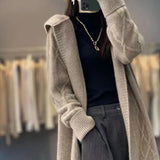 Fongt And Winter 2025 New Long Cashmeet Cardigan Women's Long Hooded Knitted Coat Over The Knee Wool Coat