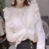 Women's Clothing Off Shoulder Shirt Spring Autumn Fashion Lace Spliced All-match Long Sleeve Korean O-Neck Solid Color Blouse-Outfit