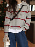 Striped Pink Sweater Retro Contrast Fashion Autumn/Winter Sweaters for Women 2023 LOOSE Grey Long Sleeve Knit