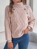 2025 Casual Solid Color Button Stung High-Collar Lantern Sleeve Sweater Women's
