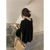 Elegant Blouses Women Vintage Puff Long Sleeve Shirts Student Korean Retro Office Lady Basic Solid Loose Casual Chic Tops-Outfit