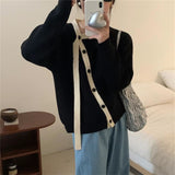 Fongt Wind Soft Waxy Spell Color Edge Autumn And Winter New Soft Waxy Irregular Oblique Collar Inclined Buckle Belt Design Sense Knit Cardigan-Outfit