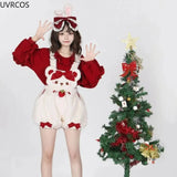 Kawaii Lolita Plush Overalls Shorts Women Cute Bear Strawberry Hot Short Pants Bow Bloomers Shorts Female Y2k Clothing-Outfit