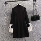 Dress Office Ladies Elegant Ruffled Collar Bow Flare Sleeve Patchwork Single Breasted Female Black
