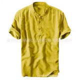 Fongt Summer Travel Holiday Men's Leisure Simple Small Fresh Linen Shirt Thin Solid Color Short-Sleeved Leisure