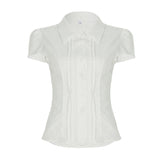 Fongt Summer New Solid Color Buckle Shirt Top Female Thin Perspective Body Display Leisure Short Sleeve T-Shirt