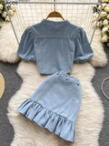 Denim Two Piece Suits Women Sexy Love Pocketshirt Crop Tops Mini Ruffles Skirts Outfits Female Elegant Cowboy 2 Piece Set-Outfit